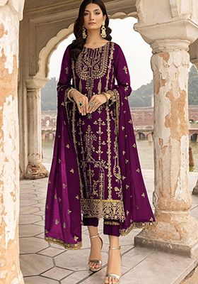 Purple Zari Embroidered Georgette Salwar Kameez