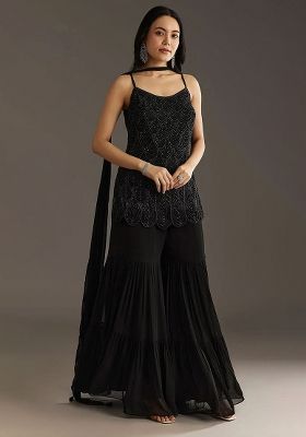 Black Zari Sequence Embroidery Georgette Kurta Set With Dupatta