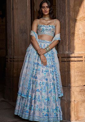Multicolor Embroidered Faux Georgette Lehenga Set