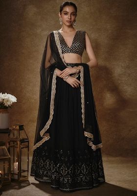 Black Sequin Embroidered Georgette Lehenga Set