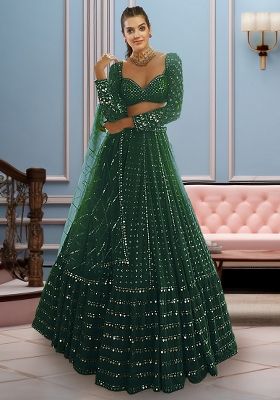 Green Sequin Thread Embroidered Faux Georgette Lehenga Set