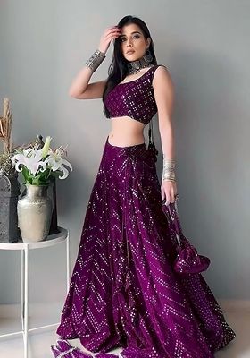 Wine Sequin Thread Embroidered Faux Georgette Lehenga Set