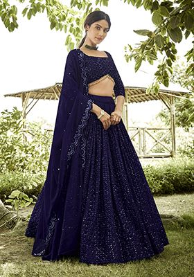 Blue Embroidered Georgette Lehenga Set