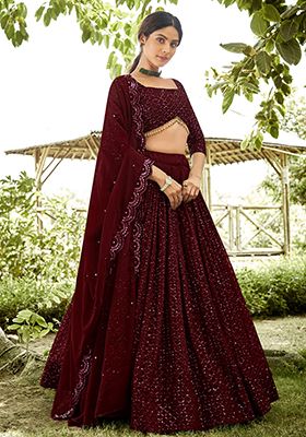 Maroon Embroidered Georgette Lehenga Set