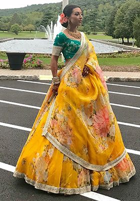 Yellow Floral Print Organza Lehenga Set