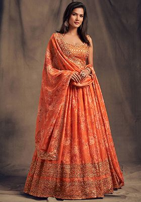 Orange Floral Print Organza Lehenga Set