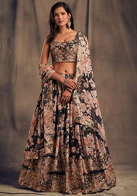 Black Floral Print Organza Lehenga Set