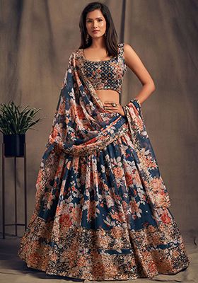 Blue Floral Print Organza Lehenga Set
