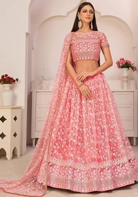 Pink Embroidered Net Lehenga Set