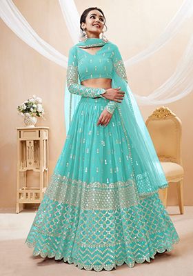 Sky Blue Sequin Embroidered Georgette Lehenga Set
