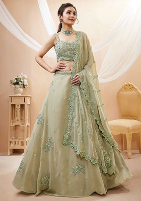 Green Sequin Embroidered Georgette Lehenga Set