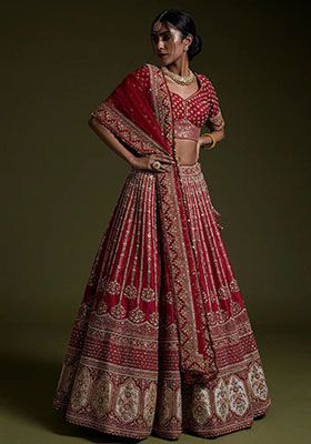 Red Sequin Embroidered Silk Lehenga Set