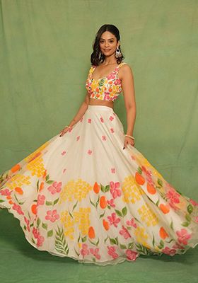 Off White Printed Silk Lehenga Set