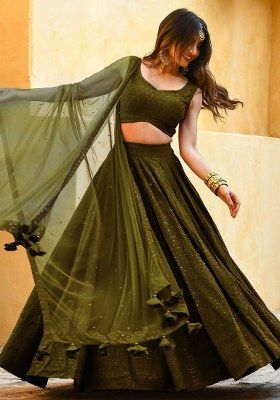 Green Embroidered Georgette Lehenga Set With Dupatta