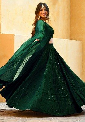 Green Embroidered Georgette Lehenga Set With Dupatta