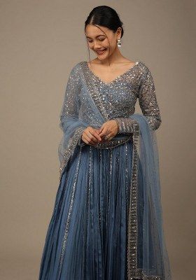 Blue Embroidered Georgette Lehenga Set With Dupatta