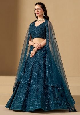 Blue Embroidered Georgette Lehenga Set With Dupatta