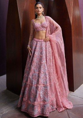 Peach Embroidered Chinon Lehenga Set With Dupatta