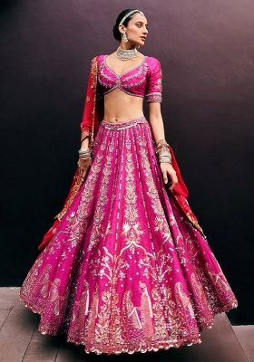 Rani Pink Embroidered Chinon Lehenga Set With Dupatta