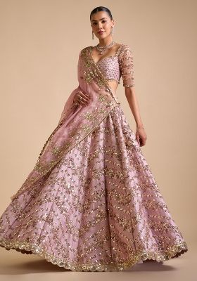 Multicolor embroidered Chinon Lehenga Set With Dupatta