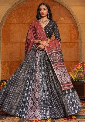 Black Printed Crepe Lehenga Set With Dupatta