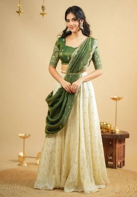 Cream Sequins Work Crep Lehenga Set