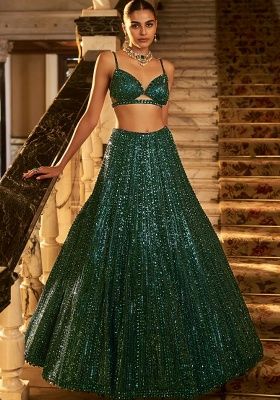 Green Sequins And Dori Work Net Lehenga Set