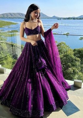 Purple Sequins And Dori Work Net Lehenga Set