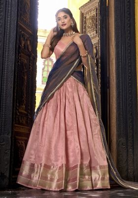 Navy Blue Zari Work Silk Lehenga Set
