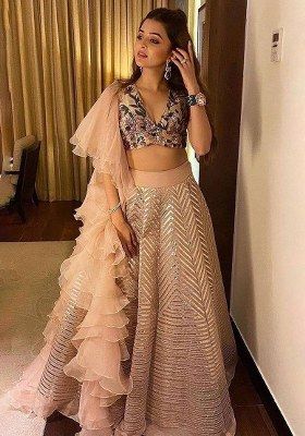 Peach Sequin Work Silk Lehenga Set