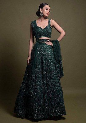 Green Sequin Work Net Lehenga Set