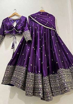 Purple Heavy Embroidered Work Satin Lehenga Set