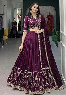 Wine Heavy Embroidered Work Silk Lehenga Set