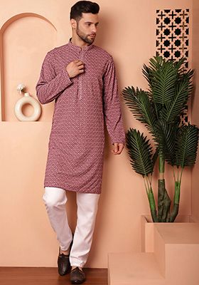Magenta Embroidered Viscose Rayon Kurta For Men