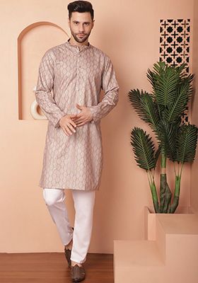 Peach Printed Cotton Blend Kurta For Men
