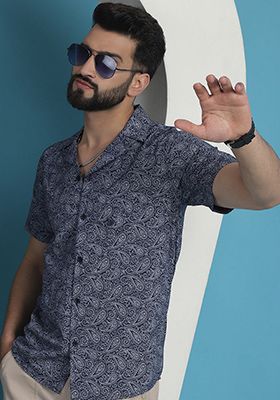 Navy Blue Printed Cotton Shirt For Men
