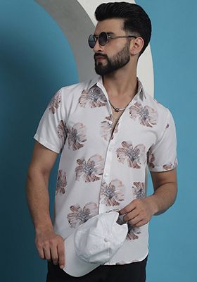 White Printed Cotton Shirt For Men