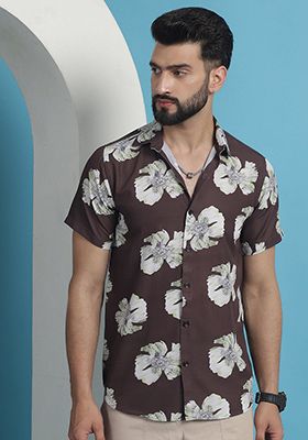 Brown Printed Cotton Shirt For Men