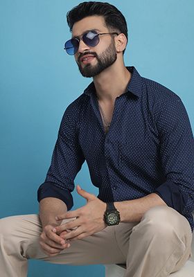 Navy Blue Printed Cotton Shirt For Men