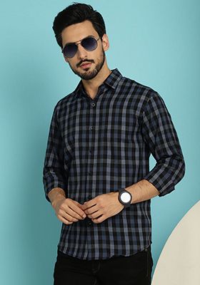 Navy Blue Printed Cotton Shirt For Men