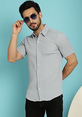 Grey Printed Cotton Blend Shirt For Men