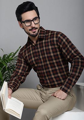 Brown Printed Cotton Shirt For Men