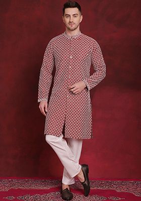 Maroon Embroidered Silk Blend Kurta For Men