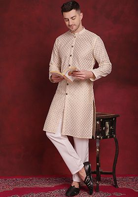Golden Embroidered Silk Blend Kurta For Men