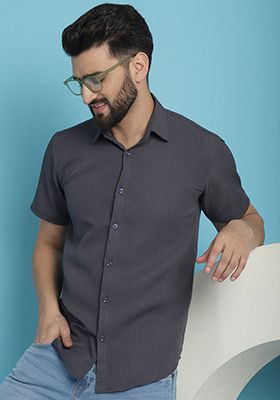 Grey Printed Cotton Blend Shirt For Men