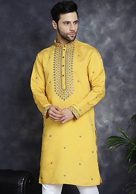 Yellow Embroidered Cotton Blend Kurta For Men