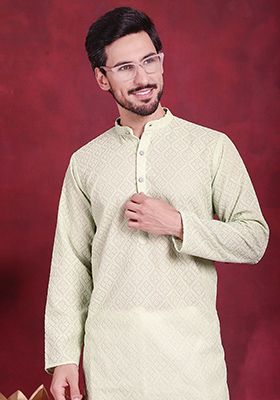 Pista Green Embroidered Georgette Kurta For Men