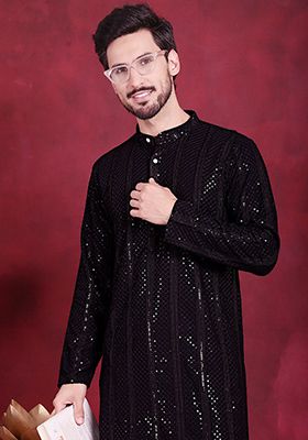 Black Embroidered Viscose Rayon Kurta For Men