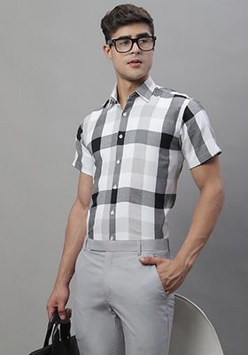 Black Checkered Cotton Shirt For Men