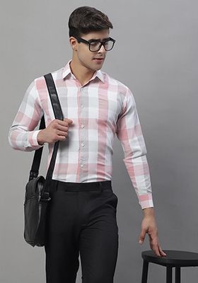 Pink Checkered Cotton Shirt For Men
